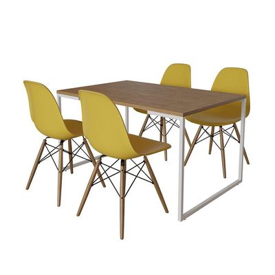 Mesa Industrial Base Ferro Branco Tampo 137X90 Amêndoa 4 Cadeiras Madeira Assento Amarelo Marrom