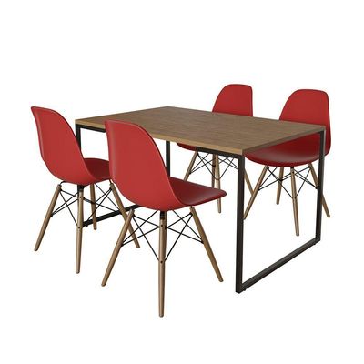 Mesa Industrial Base De Ferro Preto Tampo 137X90 Amêndoa 4 Cadeiras Madeira Assento Vermelho Marrom