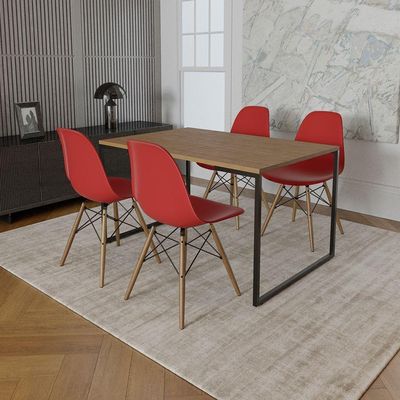 Mesa Industrial Base De Ferro Preto Tampo 137X90 Amêndoa 4 Cadeiras Madeira Assento Vermelho Marrom