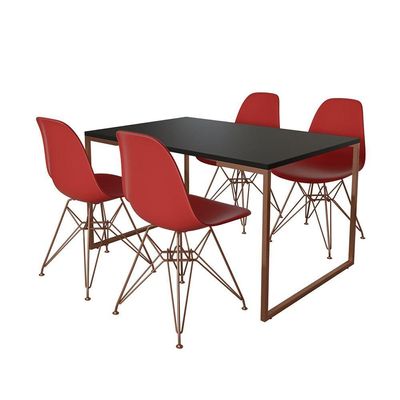 Mesa Industrial Base Ferro Cobre Tampo 137X90 Preto 4 Cadeiras Ferro Cobre Assento Vermelho Preto