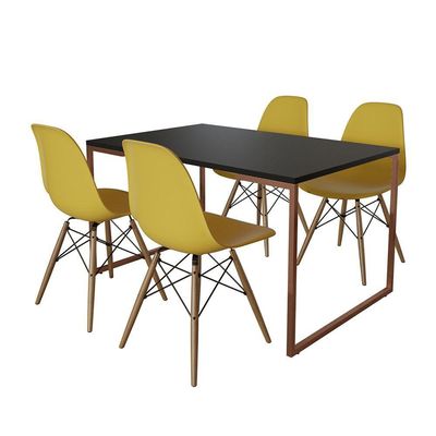 Mesa Industrial Base Ferro Cobre Tampo 137X90 Preto 4 Cadeiras Madeira Assento Amarelo Preto