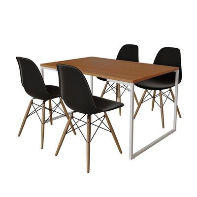 Mesa Industrial Base Ferro Branco Tampo 137X90 Canela 4 Cadeiras Madeira Assento Preto Marrom
