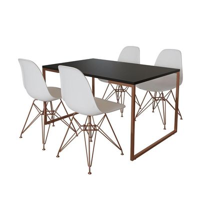 Mesa Industrial Base Ferro Cobre Tampo 137X90 Preto 4 Cadeiras Ferro Cobre Assento Branco Preto