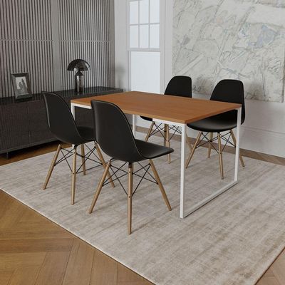 Mesa Industrial Base Ferro Branco Tampo 137X90 Canela 4 Cadeiras Madeira Assento Preto Marrom