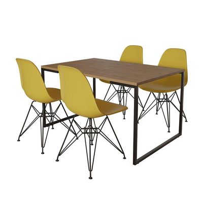 Mesa Industrial Base Ferro Preto Tampo 137X90 Amêndoa 4 Cadeiras Ferro Preto Assento Amarelo Marrom