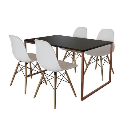 Mesa Industrial Base Ferro Cobre Tampo 137X90 Preto 4 Cadeiras Madeira Assento Branco Preto