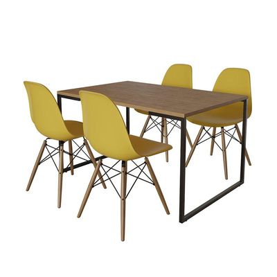 Mesa Industrial Base De Ferro Preto Tampo 137X90 Amêndoa 4 Cadeiras Madeira Assento Amarelo Marrom