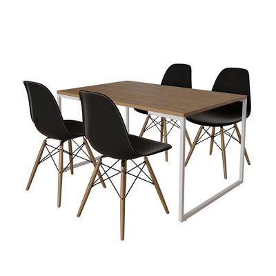 Mesa Industrial Base Ferro Branco Tampo 137X90 Amêndoa 4 Cadeiras Madeira Assento Preto Marrom