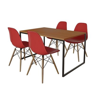 Mesa Industrial Base De Ferro Preto Tampo 137X90 Canela 4 Cadeiras Madeira Assento Vermelho Marrom