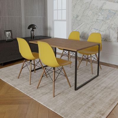 Mesa Industrial Base De Ferro Preto Tampo 137X90 Amêndoa 4 Cadeiras Madeira Assento Amarelo Marrom