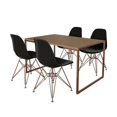 Mesa Industrial Base Ferro Cobre Tampo 137X90 Amêndoa 4 Cadeiras Ferro Cobre Assento Preto Marrom