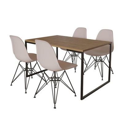 Mesa Industrial Base Ferro Preto Tampo 137X90 Amêndoa 4 Cadeiras Ferro Preto Assento Branco Marrom