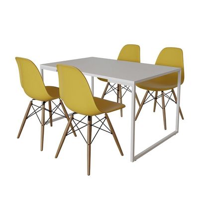 Mesa Industrial Base Ferro Branco Tampo 137X90 Branco 4 Cadeiras Madeira Assento Amarelo