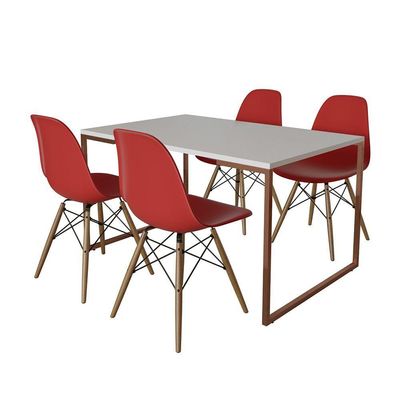 Mesa Industrial Base Ferro Cobre Tampo 137X90 Branco 4 Cadeiras Madeira Assento Vermelho Branco