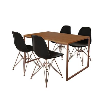 Mesa Industrial Base Ferro Cobre Tampo 137X90 Canela 4 Cadeiras Ferro Cobre Assento Preto Marrom