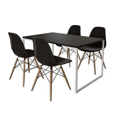 Mesa Industrial Base Ferro Branco Tampo 137X90 Preto 4 Cadeiras Madeira Assento Preto Preto