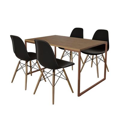 Mesa Industrial Base Ferro Cobre Tampo 137X90 Amêndoa 4 Cadeiras Madeira Assento Preto Marrom