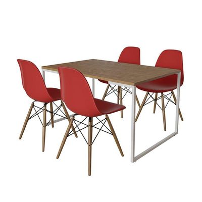 Mesa Industrial Base Ferro Branco Tampo 137X90 Amêndoa 4 Cadeiras Madeira Assento Vermelho Marrom