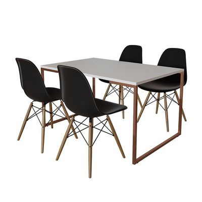 Mesa Industrial Base Ferro Cobre Tampo 137X90 Branco 4 Cadeiras Madeira Assento Preto Branco