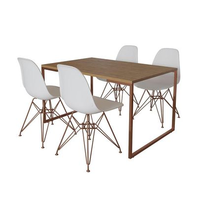 Mesa Industrial Base Ferro Cobre Tampo 137X90 Amêndoa 4 Cadeiras Ferro Cobre Assento Branco Marrom