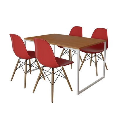 Mesa Industrial Base Ferro Branco Tampo 137X90 Canela 4 Cadeiras Madeira Assento Vermelho Marrom