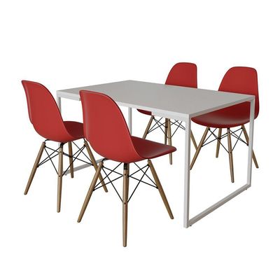 Mesa Industrial Base Ferro Branco Tampo 137X90 Branco 4 Cadeiras Madeira Assento Vermelho