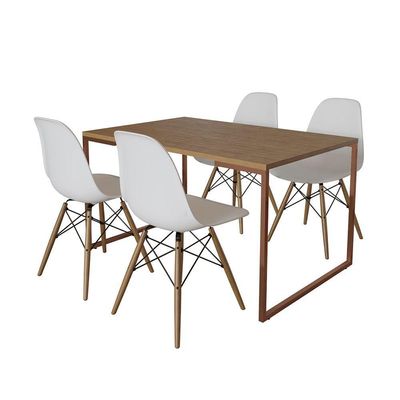 Mesa Industrial Base Ferro Cobre Tampo 137X90 Amêndoa 4 Cadeiras Madeira Assento Branco Marrom