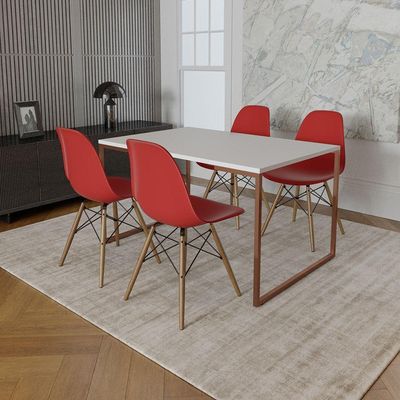 Mesa Industrial Base Ferro Cobre Tampo 137X90 Branco 4 Cadeiras Madeira Assento Vermelho Branco