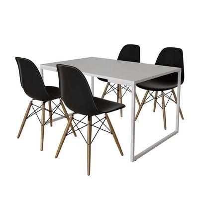 Mesa Industrial Base Ferro Branco Tampo 137X90 Branco 4 CadeirasMadeira Assento Preto Branco