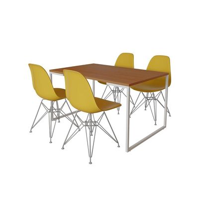 Mesa Industrial Base Ferro Branco Tampo 137X90 Canela 4 Cadeiras Ferro Branco Assento Amarelo Marrom