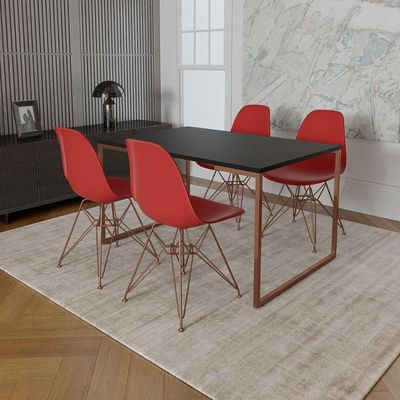 Mesa Industrial Base Ferro Cobre Tampo 137X90 Preto 4 Cadeiras Ferro Cobre Assento Vermelho Preto