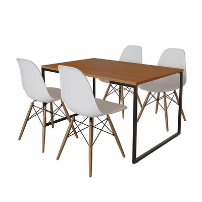 Mesa Industrial Base De Ferro Preto Tampo 137X90 Canela 4 Cadeiras Madeira Assento Branco Marrom