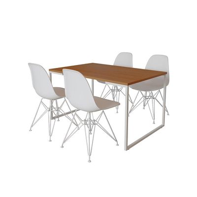 Mesa Industrial Base Ferro Branco Tampo 137X90 Canela 4 Cadeiras Ferro Branco Assento Branco Marrom