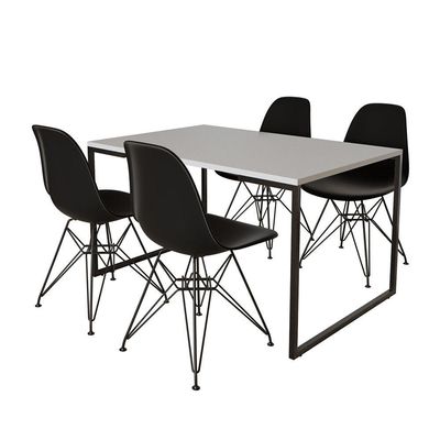 Mesa Industrial Base Ferro Preto Tampo 137X90 Branco 4 Cadeiras Ferro Preto Assento Preto Branco