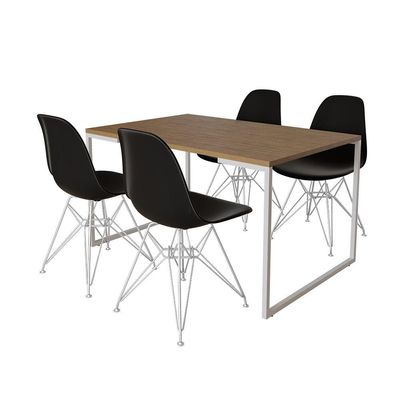 Mesa Industrial Base Ferro Branco Tampo 137X90 Amêndoa 4 Cadeiras Ferro Branco Assento Preto Marrom