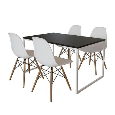 Mesa Industrial Base Ferro Branco Tampo 137X90 Preto 4 Cadeiras Madeira Assento Branco Preto