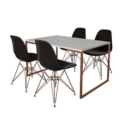 Mesa Industrial Base Ferro Cobre Tampo 137X90 Branco 4 Cadeiras Ferro Cobre Assento Preto Branco