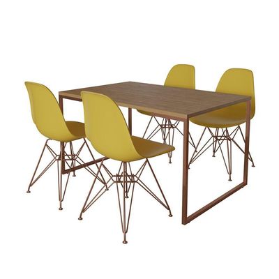 Mesa Industrial Base Ferro Cobre Tampo 137X90 Amêndoa 4 Cadeiras Ferro Cobre Assento Amarelo Marrom
