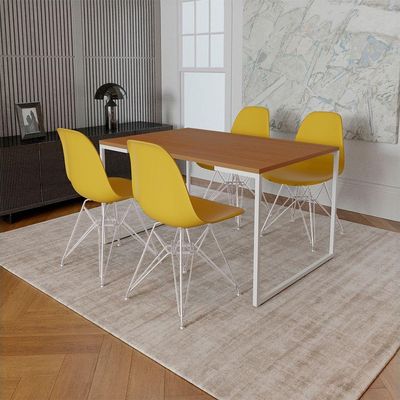 Mesa Industrial Base Ferro Branco Tampo 137X90 Canela 4 Cadeiras Ferro Branco Assento Amarelo Marrom