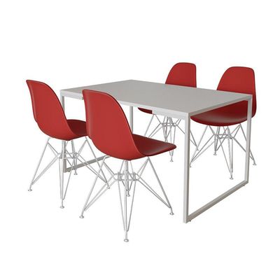 Mesa Industrial Base Ferro Branco Tampo 137X90 Branco 4 Cadeiras Ferro Branco Assento Vermelho