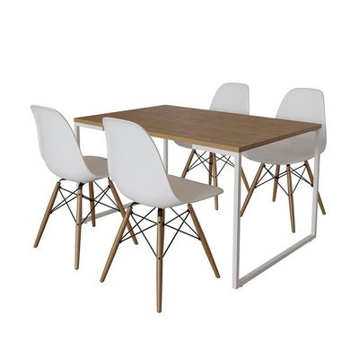 Mesa Industrial Base Ferro Branco Tampo 137X90 Amêndoa 4 Cadeiras Madeira Assento Branco Marrom