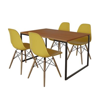 Mesa Industrial Base De Ferro Preto Tampo 137X90 Canela 4 Cadeiras Madeira Assento Amarelo Marrom