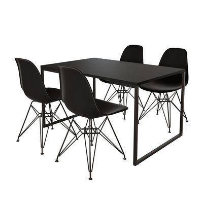 Mesa Industrial Base Ferro Preto Tampo 137X90 Preto 4 Cadeiras Ferro Preto Assento Preto Preto