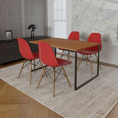 Mesa Industrial Base De Ferro Preto Tampo 137X90 Canela 4 Cadeiras Madeira Assento Vermelho Marrom