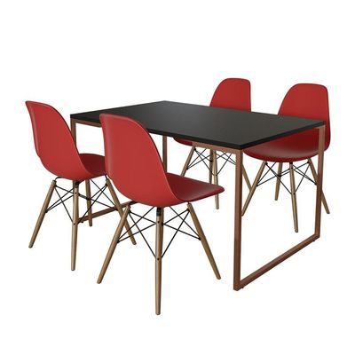 Mesa Industrial Base Ferro Cobre Tampo 137X90 Preto 4 Cadeiras Madeira Assento Vermelho Preto