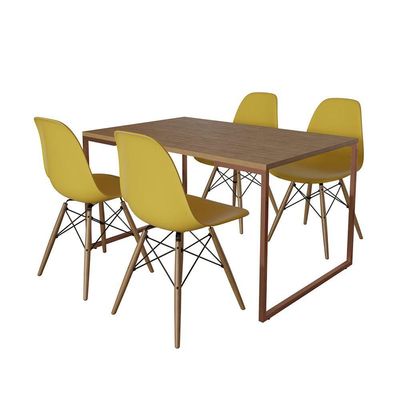 Mesa Industrial Base Ferro Cobre Tampo 137X90 Amêndoa 4 Cadeiras Madeira Assento Amarelo Marrom