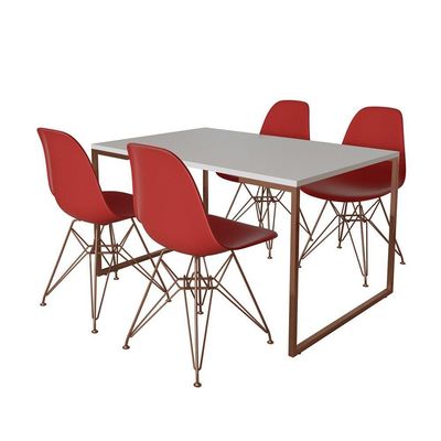 Mesa Industrial Base Ferro Cobre Tampo 137X90 Branco 4 Cadeiras Ferro Cobre Assento Vermelho Branco