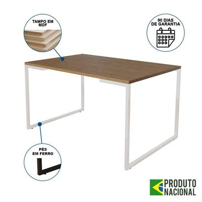 Mesa Industrial Base Ferro Branco Tampo 137X90 Amêndoa 4 Cadeiras Madeira Assento Branco Marrom