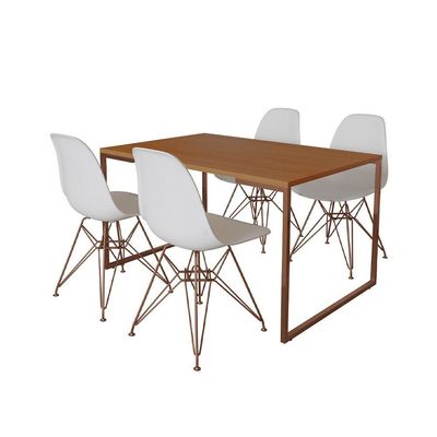 Mesa Industrial Base Ferro Cobre Tampo 137X90 Canela 4 Cadeiras Ferro Cobre Assento Branco Marrom