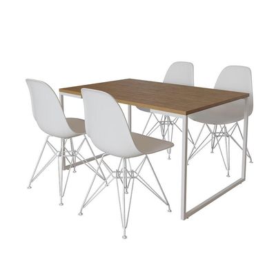 Mesa Industrial Base Ferro Branco Tampo 137X90 Amêndoa 4 Cadeiras Ferro Branco Assento Branco Marrom